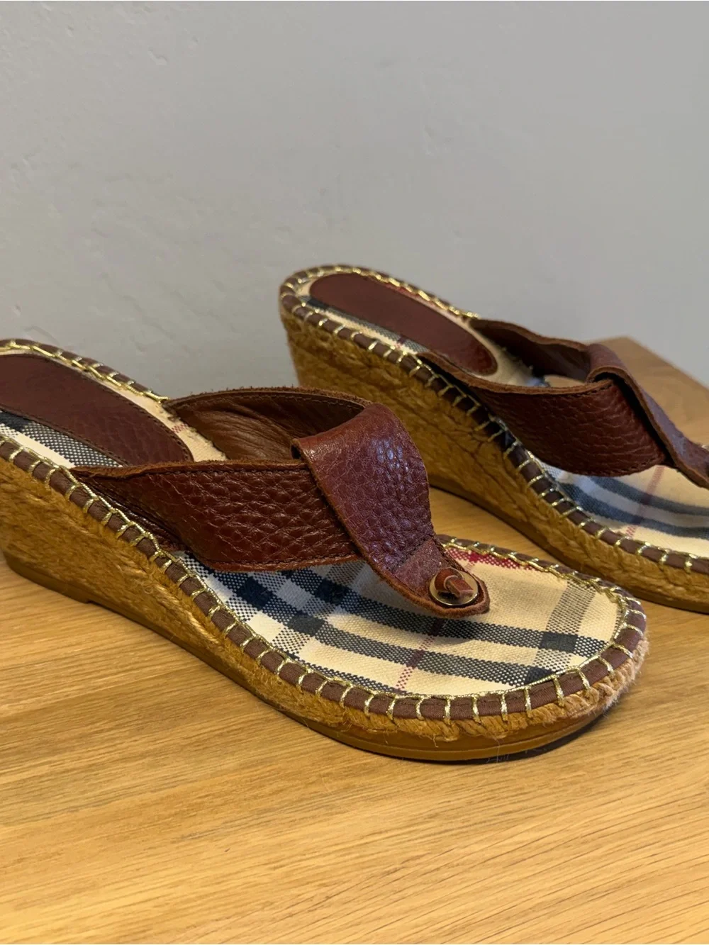 Burberry Brown Leather Espadrille Wedge Thong Sandals